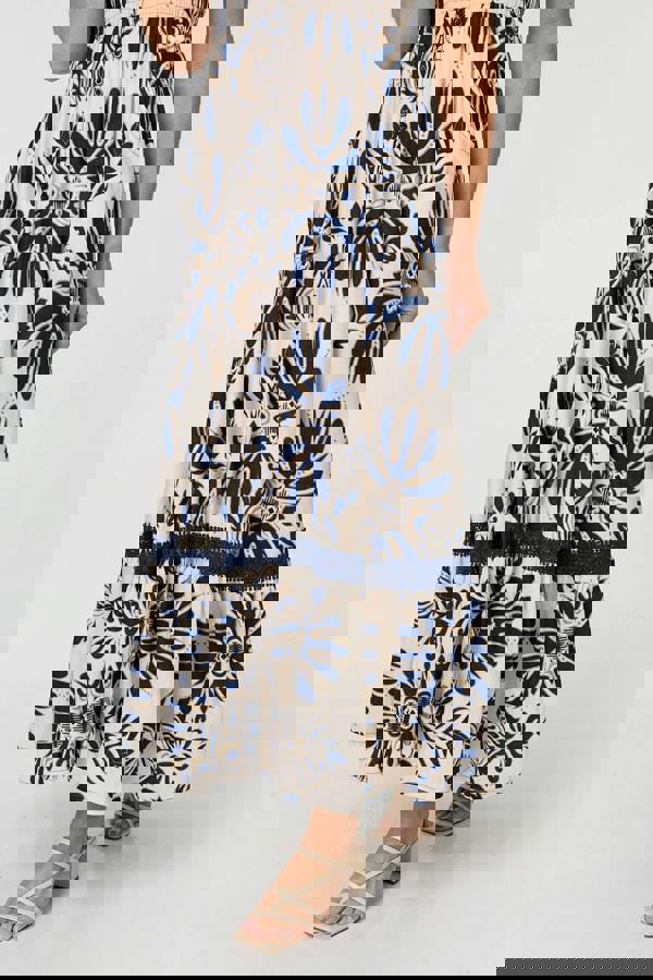 Navy | Printed Lace Trim Cap Sleeved Maxi Dress