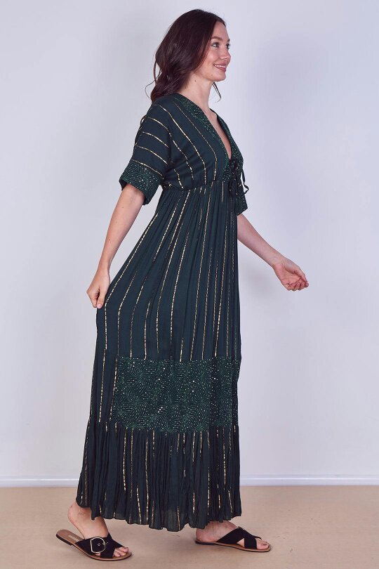 Boho Sequin Swirl Embroidered Maxi Dress