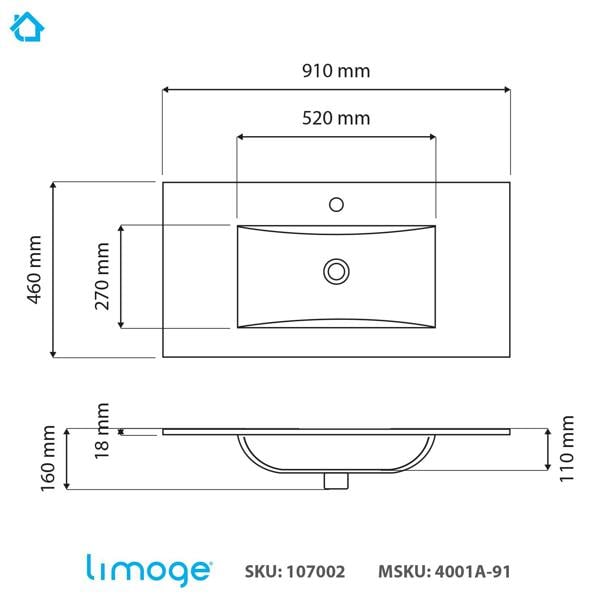 4001a ceramic 91cm thin edge inset basin with scooped bowl