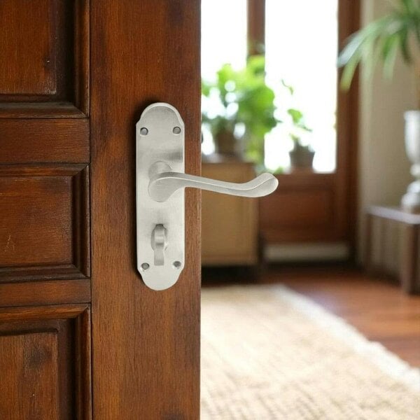 EDH Door Hardware Satin Nickel Bathroom Door Handle – Epsom Style Victorian Scroll Privacy Lever