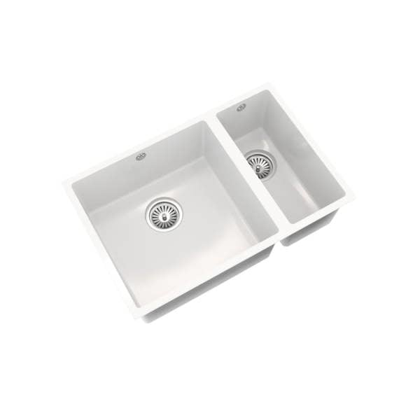 Flode Vänern | 1.5 Bowl Comite Kitchen Sink | 670mm x 440mm | Inset or Undermounted | Strainer Wastes Supplied | Gloss White Finish