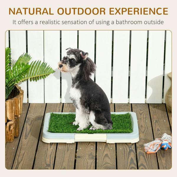 Indoor artificial grass puppy training pad with a seated dog on the green surface