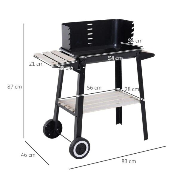 Bobobiy Trolley Charcoal BBQ Barbecue Grill Outdoor Patio Garden Heating Smoker with Side Trays Storage Shelf and Wheels