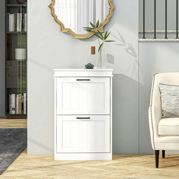 White two-drawer shoe cabinet with panel doors and black bar handles