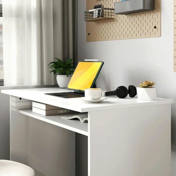 White high-gloss desk with open shelf and spacious tabletop