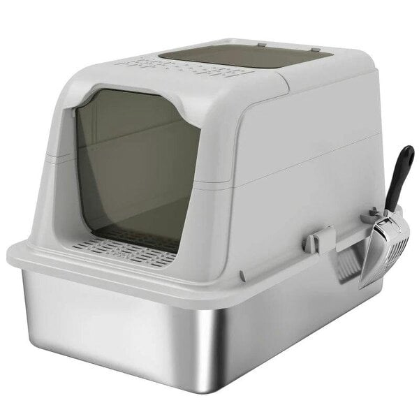 Extra Large Stainless Steel Litter Box, Enclosed Cat Litter Tray with Scoop, Deodorizer Bag, Front-Entry and Top-Exit