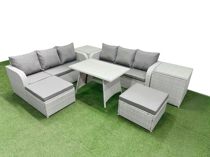 Fimous Patio Dining Table & Chairs Set Rattan High Back Lounge Sofa Set with 3 Seater Sofa 2 Side Tables 2 Big Stool Light Grey