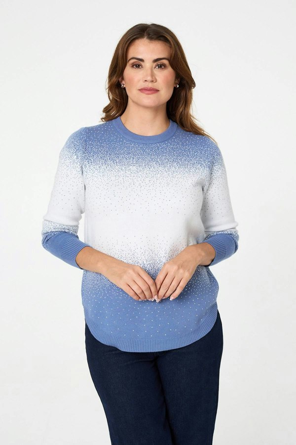 Blue | Printed Long Sleeve Curve Hem Top
