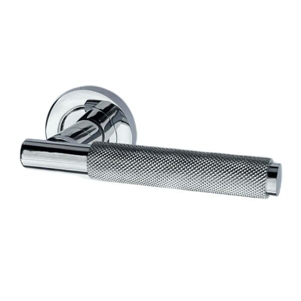 EDH Door Hardware Polished Chrome Knurled Door Handles on Round Rose – Modern Internal Lever Latch Handles