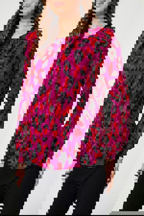 Pink | Animal Print Long Sleeve Ruched Blouse