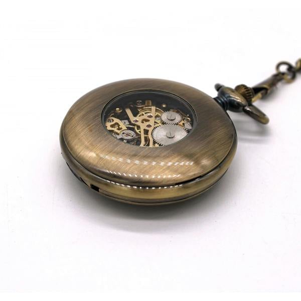 Infinity Leather Vintage Bronze Wooden Skeleton Half Hunter Alloy Pocket Watch