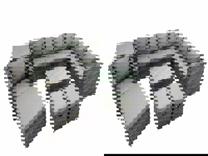 Fimous Patio Sofa Oblong Coffee Table Set Rattan Garden Furniture Set with 3 Stools Chair Side Table Dark Grey Mixed