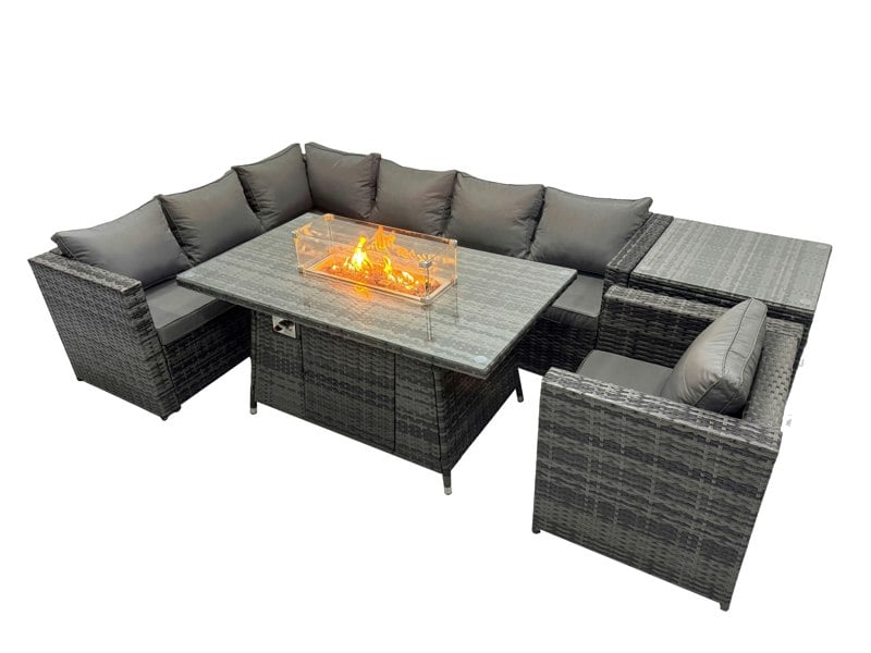 Fimous Rattan Garden Furniture Dining Set 7 seater Gas Fire Pit Dining Table Corner Sofa Set with Side Table Dark Grey Mixed
