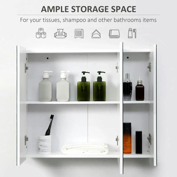 White mirror cabinet with doors open, interior shelves for toiletries and bottles