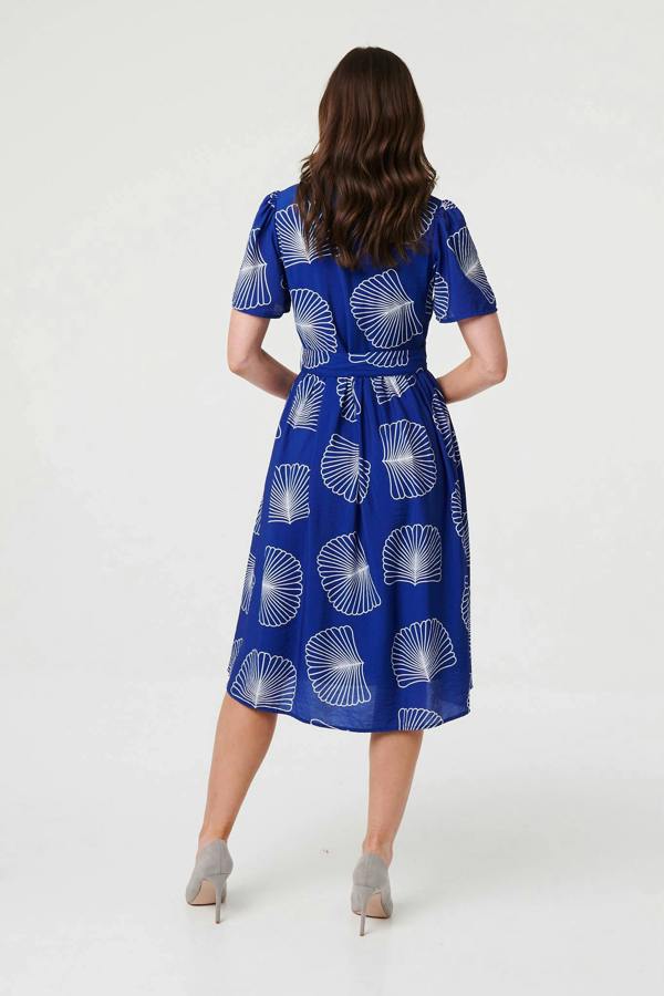 Blue | Printed Short Sleeve Tie Midi Dress