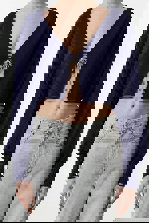 WOVCOR Super Crop Knit Cardigan with Bow Detail