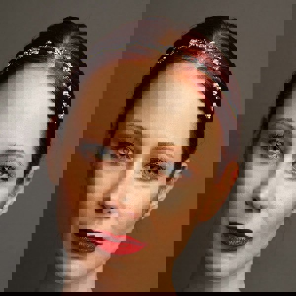 chain headband diamante flowers worn with hair up