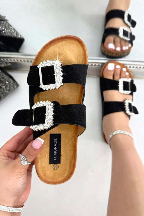 Sparkly Dream Double Buckle Sliders Black featuring chunky double strap design for a secure and supportive fit