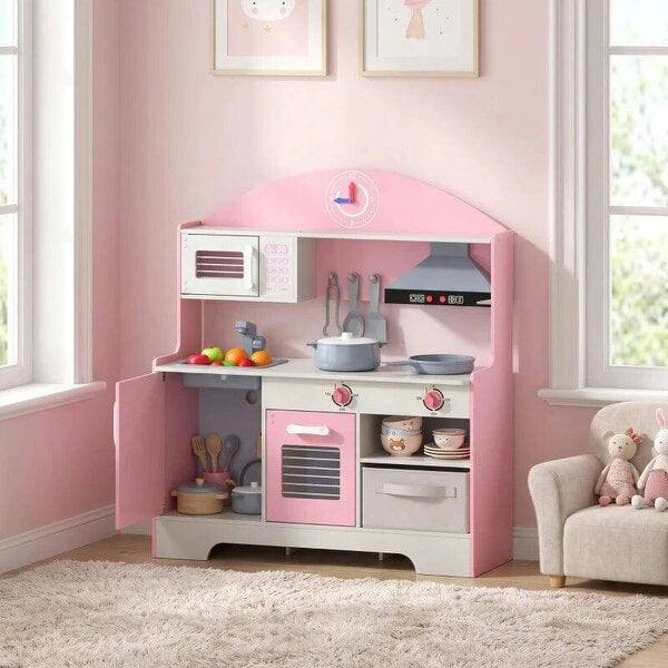 Bobobiy Kids Play Kitchen with Lights & Sounds, Pretend Play Toy set with Fabric Drawer, 5-Piece Accessories for 3-6 Years, Pink