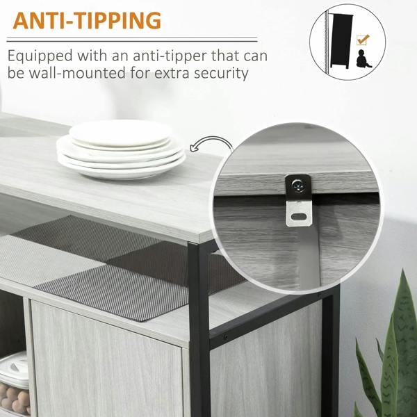 Light grey sideboard corner with anti-tip wall-mount bracket and black steel frame leg