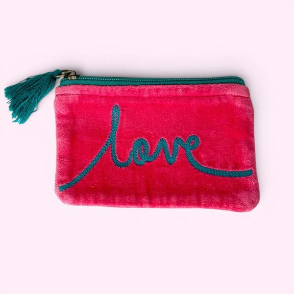 Hayley & Co Embroidered Velvet Coin Purse | Love in Pink and Teal