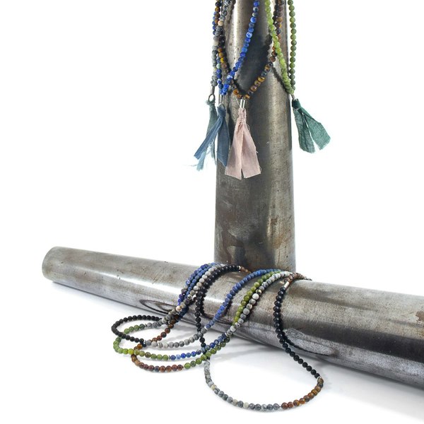 Anchor & Crew Green Jade Luke Silver, Stone and Cotton Voile SKINNY Necklace x Wrap Bracelet