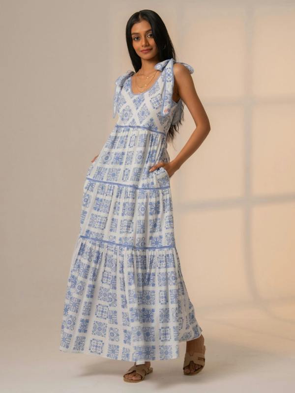 Rose & Nancy Maisy Blue White Printed Lace Trim Maxi Sun Dress&nbsp;
