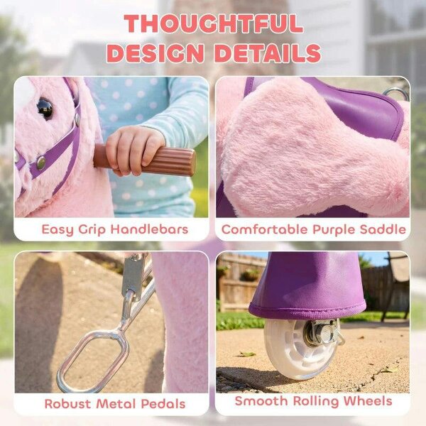 Ride on Horse Pedal Ride On Walking Horse Toy Rotatable Head Neighing Sound, Pink