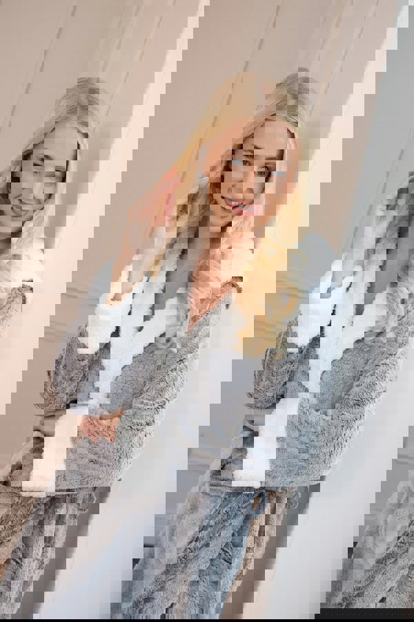 Camille Womens Dark Grey Deep Pile Full Length Fleece Bathrobe with Sherpa Lined Hood & Cuffs