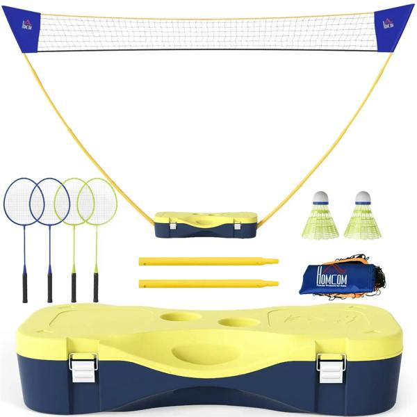 Portable folding badminton net set with yellow-and-blue net, base case, and shuttlecocks