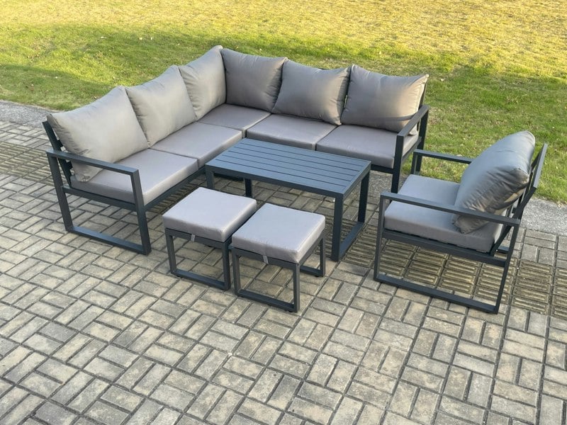 Fimous Aluminium Outdoor Garden Furniture Set Lounge Sofa Oblong Coffee Table Sets with Chair 2 Small Footstools Indoor Conservatory Set Dark Grey