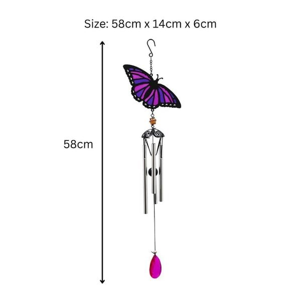EDH Door Hardware Suncatcher Purple Butterfly Wind Chime (58cm x 14cm x 6cm) – Handmade Metal & Glass Hanging Chime – Outdoor Garden Ornament