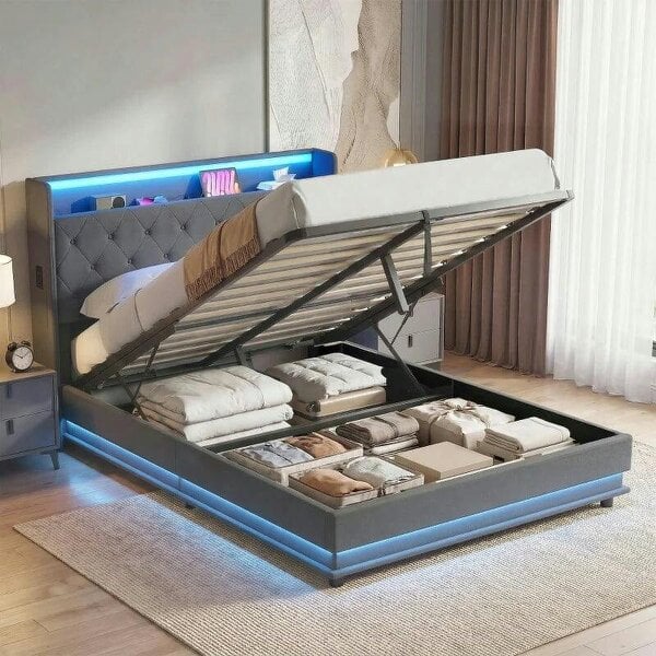 4ft6 Double Bed Frame with Headboard, Platform Bed Frame with Hydraulic Storage, LED Lights and Charging Station, Grey - Dark Grey