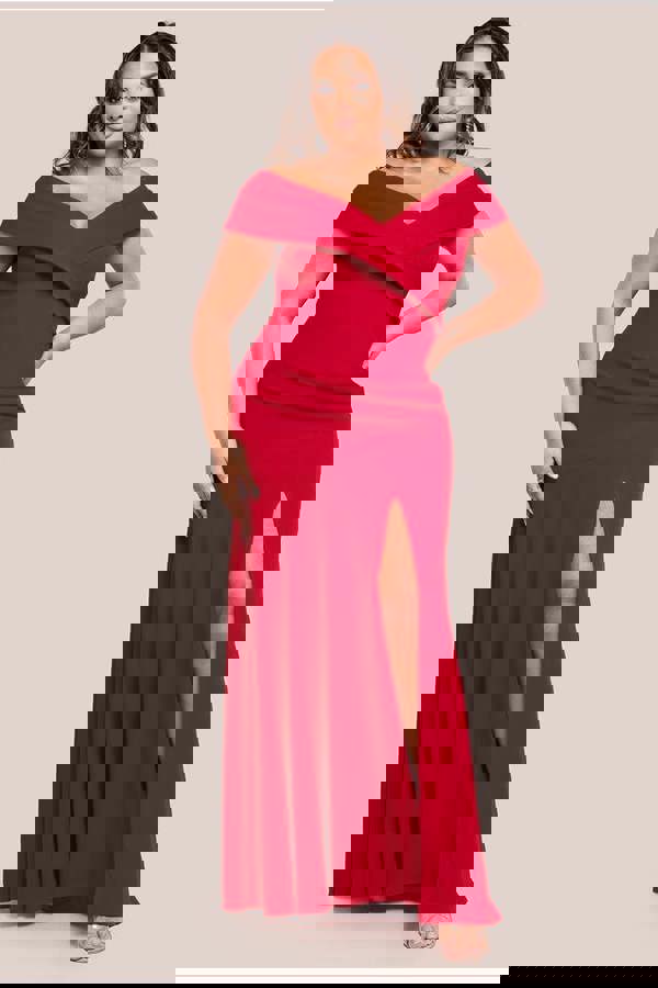 Scuba Crepe Off Shoulder Front Split Maxi Dress - Red DR2930PLUS