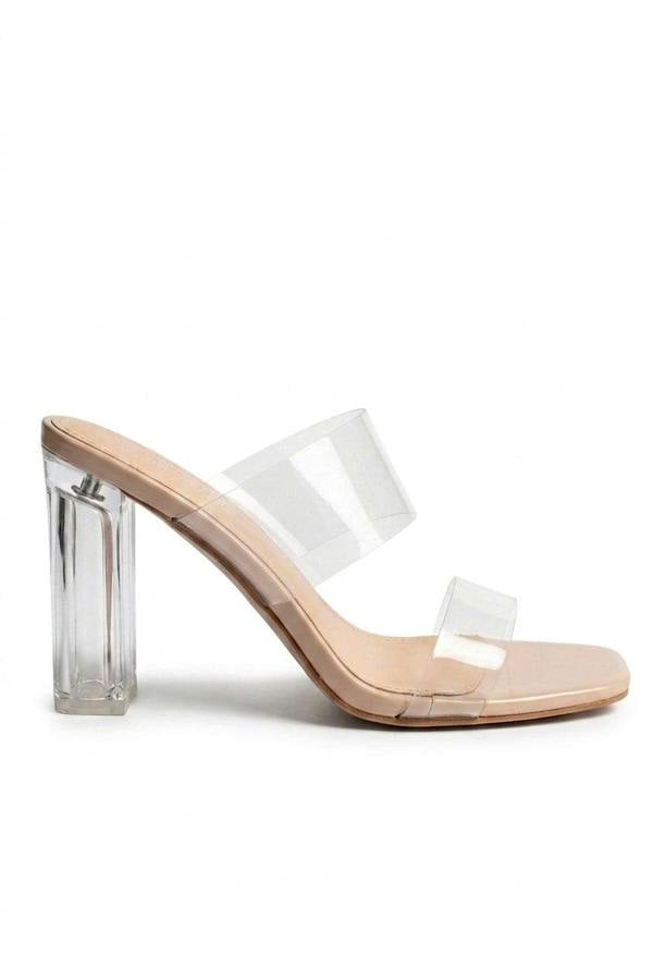 Pearl Transparent Strap Square Toe Mules - Beige_wb