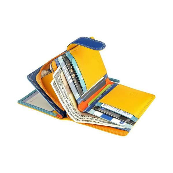Yellow wallet with multiple cards and money on a white background