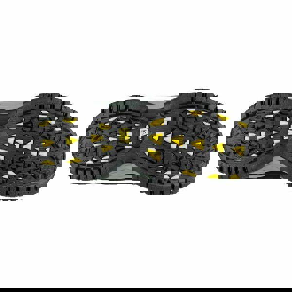 Caterpillar Moor Men's and Women's Safety Steel Toe SB Work Trainers Shoes, black and grey outsole with yellow tread highlights and rugged grip pattern.