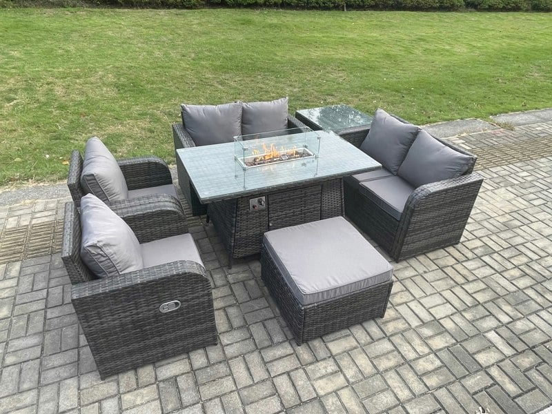 Fimous 7 Seater Rattan Garden Furniture Set Propane Gas Fire Pit Table and Sofa Chair set with Big Footstool Side Table