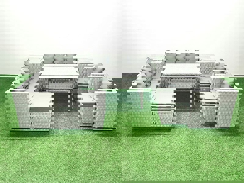 Fimous Rattan Garden Furniture Set Outdoor 8 Seater Patio Dinin g Sofa Sets with Dining Table 2 Chairs 2 Side Tables 3 Footstools Light Grey Mixed