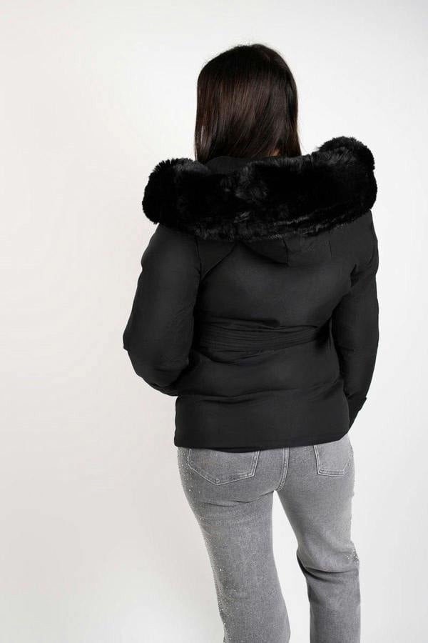 Serelina Belted Puffer Jacket With Faux Fur Hood - Black
