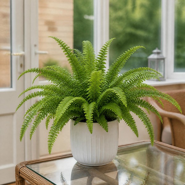 Boston Fern in White Ceramic Pot – Air-Purifying Gift for Plant Lovers - 1 - Glossy White Ceramic Pot