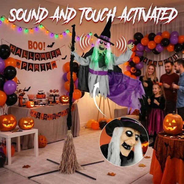 Bobobiy 200cm Life Size Animated Flying Witch Halloween Decorations Outdoor Indoor, Scary Halloween Animatronics Decor