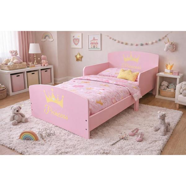Kudlhome Princess Kids Toddler Bed Frame with Safety Rails