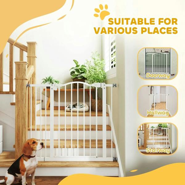White pet gate barrier installed on a staircase with a dog behind the bars