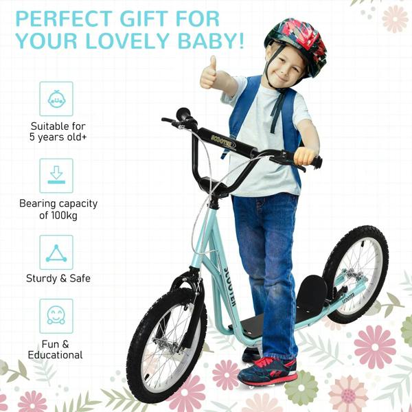 Kids blue kick scooter with black handlebars and kickstand, shown with a child