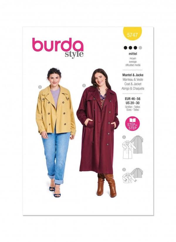 Burda Sewing Pattern 5747 Jackets and Coats For Women, 20-30 (46-56) - Intermediate