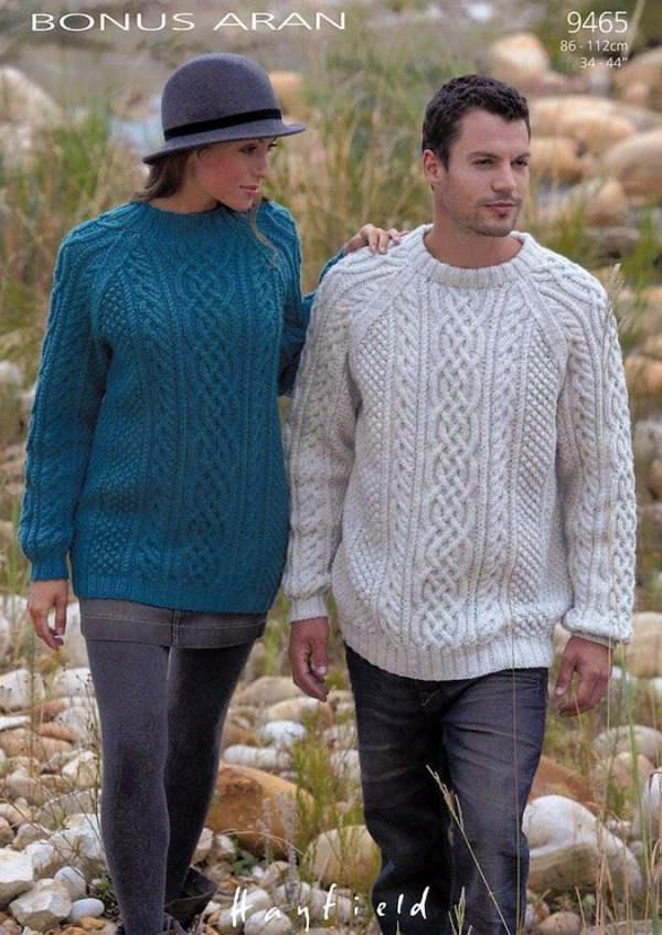 Hayfield Bonus Aran Knitting Pattern 9465, Sweaters for Men, Women, 34 - 44 Inches - Advanced