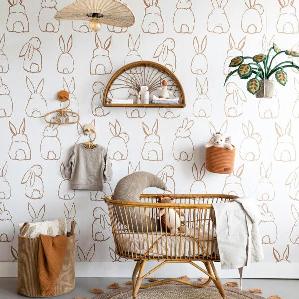 Roomblush Nursery Bunnies 4 Lane Repeatable Wallpaper Mural 200 x 285cm, Neutral Terracotta