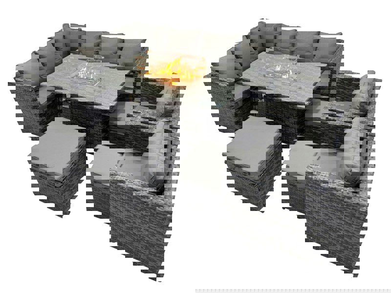 Fimous Rattan Garden Furniture Dining Set 11 seater Gas Fire Pit Dining Table Corner Sofa Set with 3 Stool Dark Grey Mixed