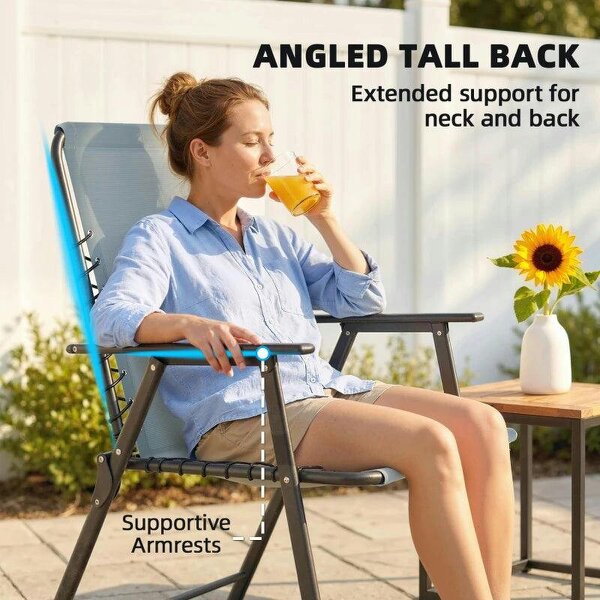 Folding Garden Chairs Set of 2, Outdoor Dining Chairs with Wide Texteline Seat, High Back and Armrests, Light Grey